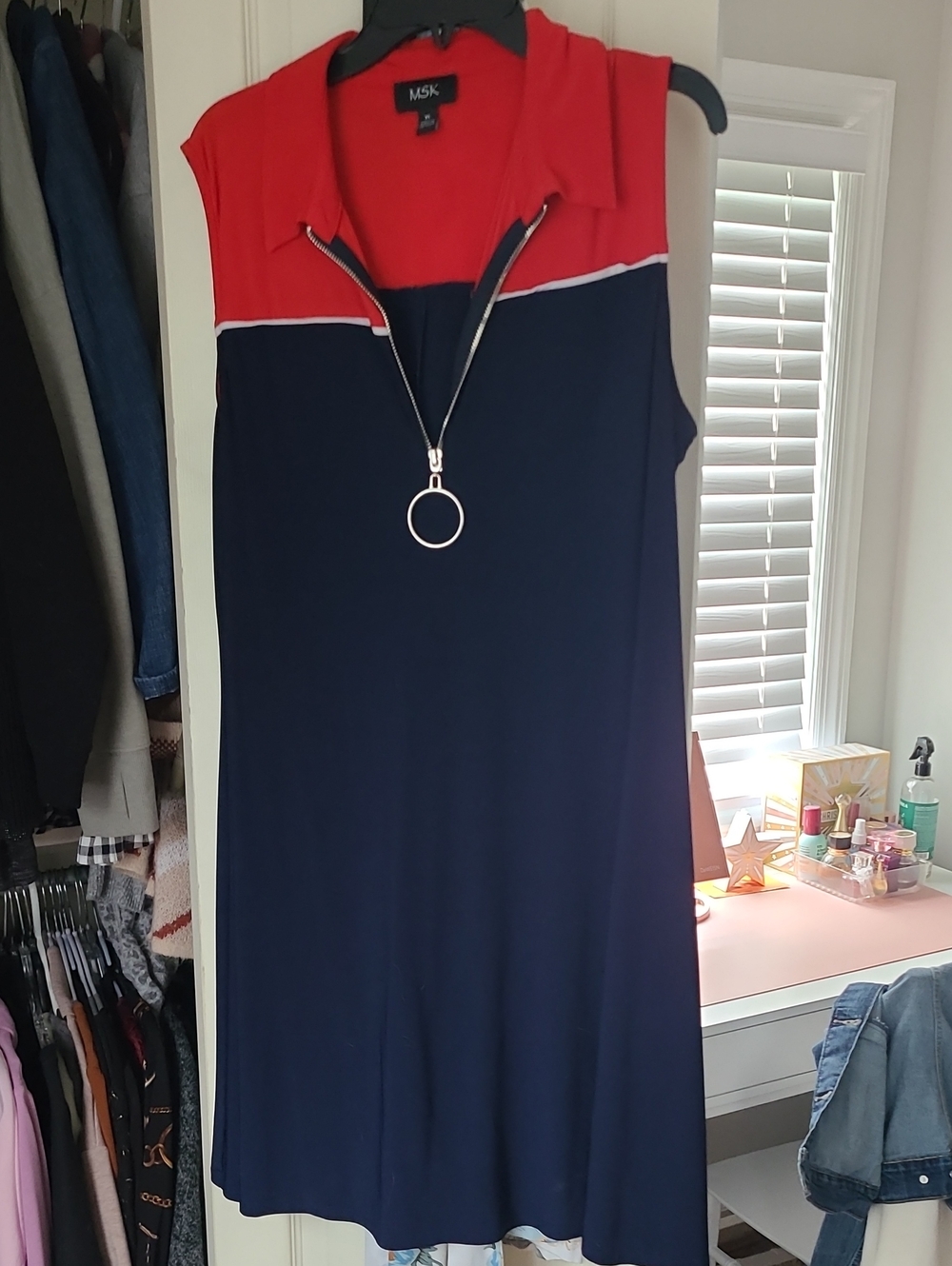 MSK Navy and Red Sleeveless Zip-Front Dress
